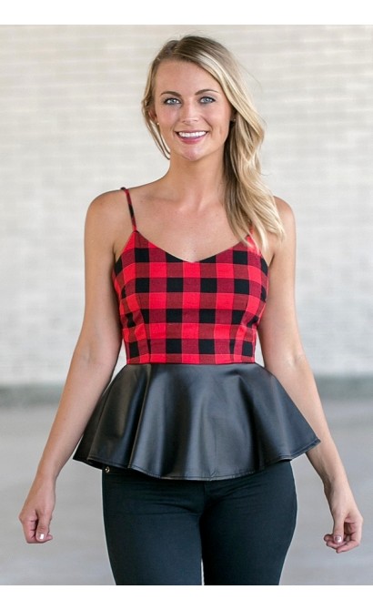 Red and Black Plaid Fall Peplum Top