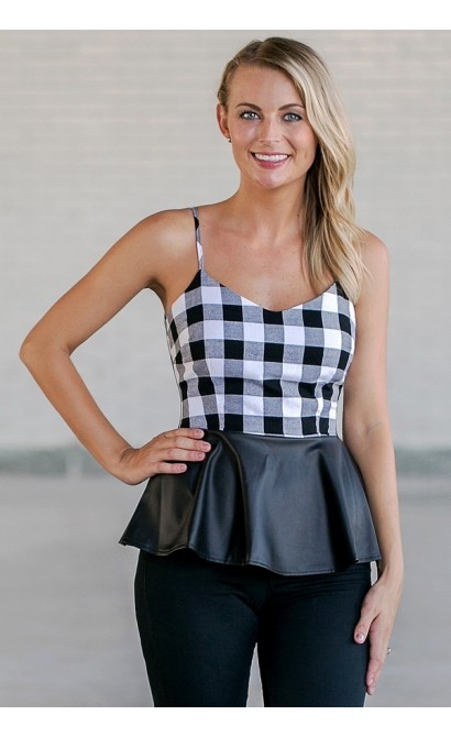 Black and White Plaid Peplum Top