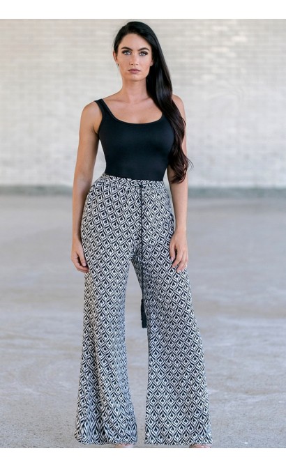 Black and White Printed Palazzo Pants, Cute Comfy Casual Pants