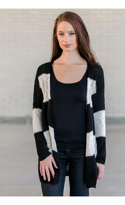 Black and Ivory Striped Sweater Cardigan, Cute Black and Ivory Top