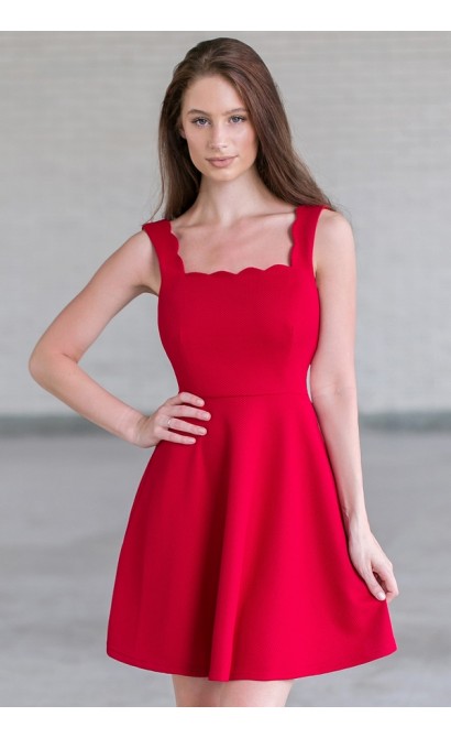 Red Scalloped A-Line Party Dress, Cute Red Holiday Dress