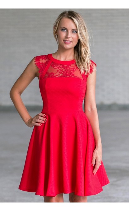 Red Lace A-Line Dress, Cute Holiday Party Dress