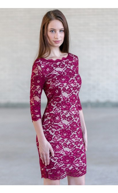 Wine Purple Lace Sheath Dress, Cute Wine Dress Online