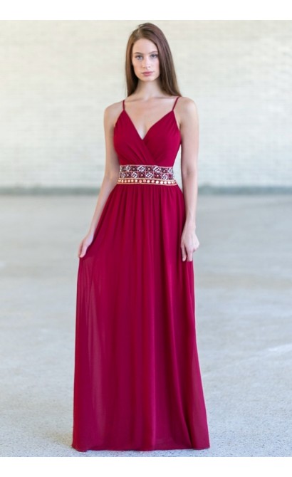 Burgundy Red Maxi Embellished Bridesmaid Dress