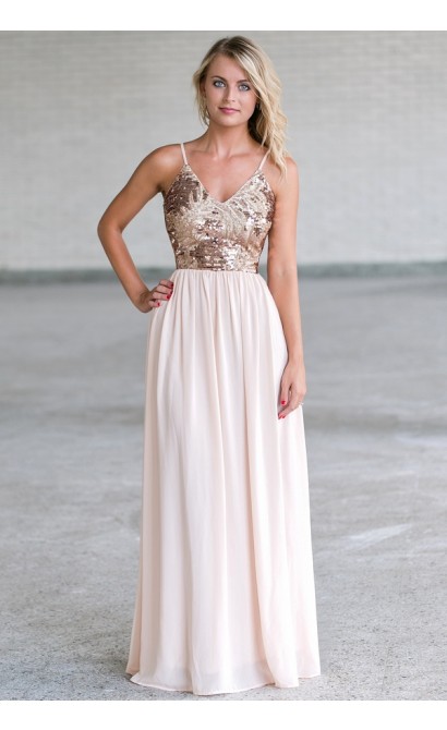 Cream and Gold Sequin Maxi Dress, Cute Sequin Formal Prom Dress