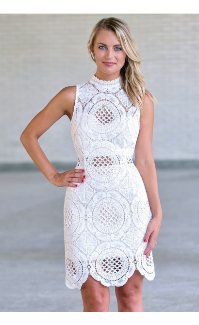 White Lace High Neck Lace Dress, Cute White Rehearsal Dinner Dress, Bridal Shower Dress