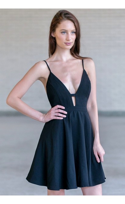 Black Plunging Neckline Dress, Cute Black A-Line Party Dress