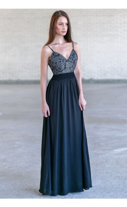 Black Lace and Chiffon Maxi Dress, Cute Maxi Dress, Open Back Prom Dress