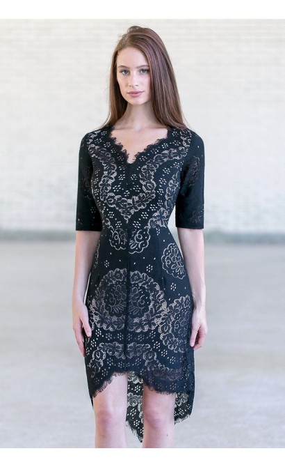 Cute Black High Low Eyelet Dress