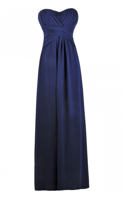 Navy Maxi Bridesmaid Dress, Cute Formal Strapless Dress