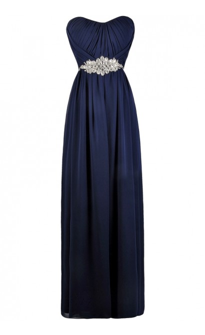 Navy Rhinestone Embellished Formal Maxi Dress