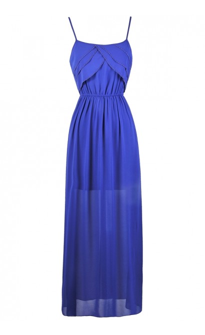 Blue Beaded Maxi Dress, Great Gatsby Ruffle Dress