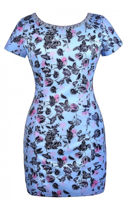 Blue Plus Size Floral Print Sheath Dress