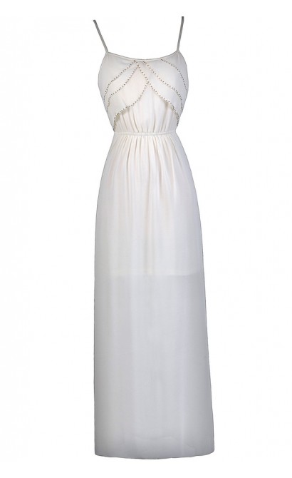 Cream Beaded Maxi Dress, Great Gatsby 1920s Dress, Cute Summer Dress