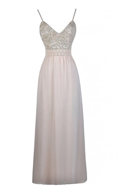 Beige Lace Sequin Maxi Dress, Cute Formal Prom Dress