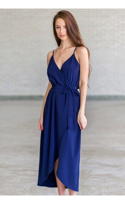 Navy High Low Wrap Dress, Cute Navy Blue Cocktail Party Dress