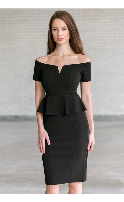 Black Off Shoulder Peplum Pencil Dress, Little Black Cocktail Dress