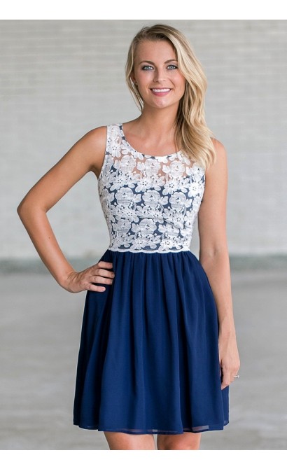 Navy and White Lace A-Line Dress | Cute Navy Summer Dress for Teens |