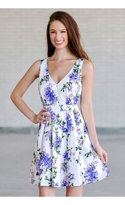 Purple Floral Print A-Line Dress, Cute Summer Dress