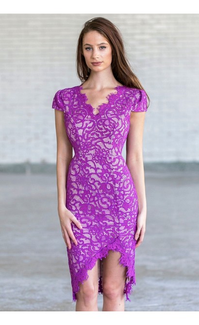 Magenta Purple Lace Cocktail Dress | Summer Lace Pencil Dress