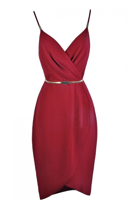 burgundy red wrap dress, cute burgundy party dress