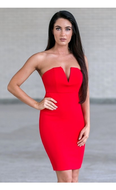 Red strapless cocktail dress