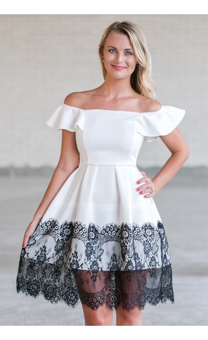 Black and White Lace Trim Party Dress, Cute A-Line Summer Dress