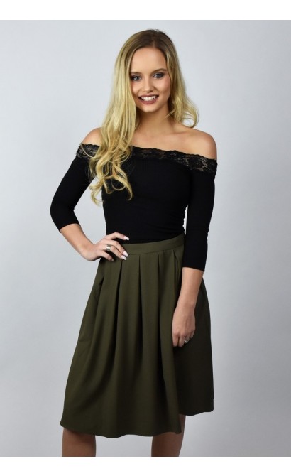 Cute Olive Green A-Line Midi Skirt