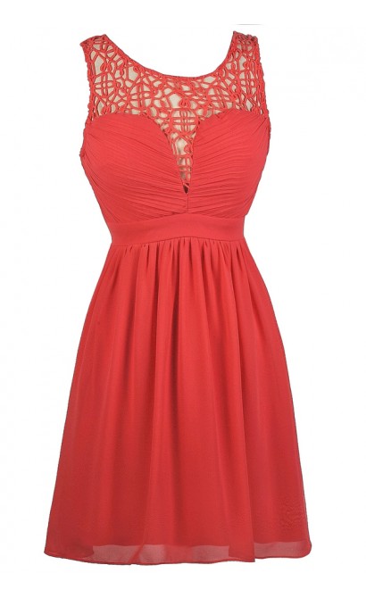 Cute Coral Dress, Coral Crochet Neckline Dress, Coral A-Line Dress, Coral Party Dress, Coral Sundress