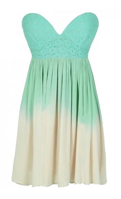 Cotton Candy Ombre Strapless Lace Bustier Dress in Green/Beige