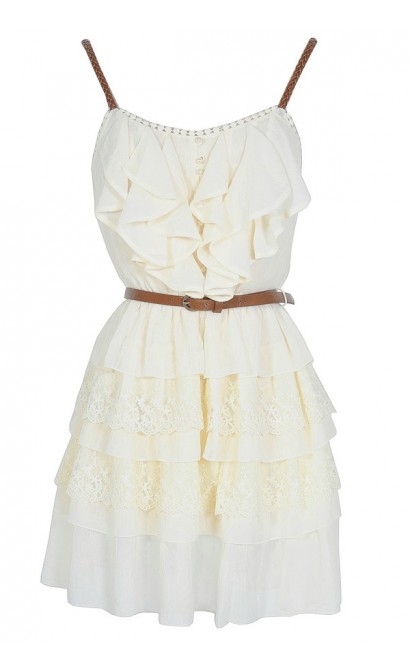 Nashville Nostalgia Belted Ruffle Dress in Ivory