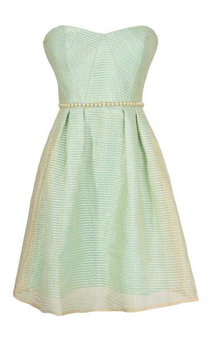 Pearls and Stripes Strapless Designer Dress in Mint