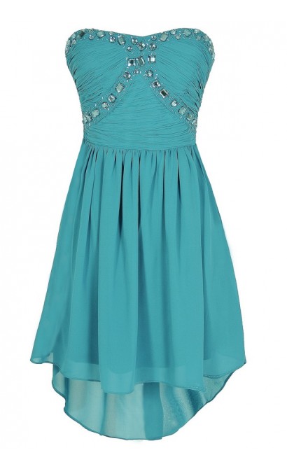 Beads of Light Embellished High Low Dress in Turquoise