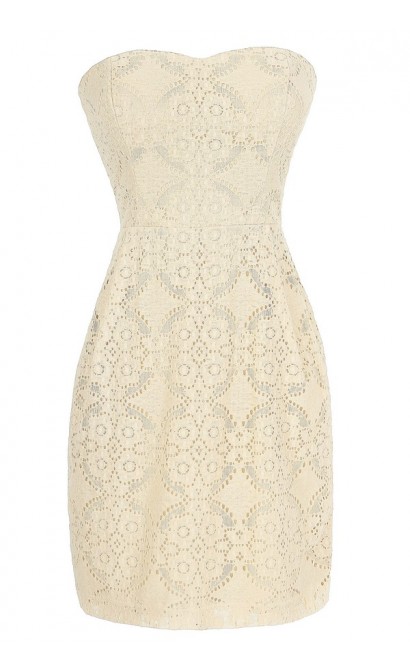 Graceful Lace Strapless Dress in Beige