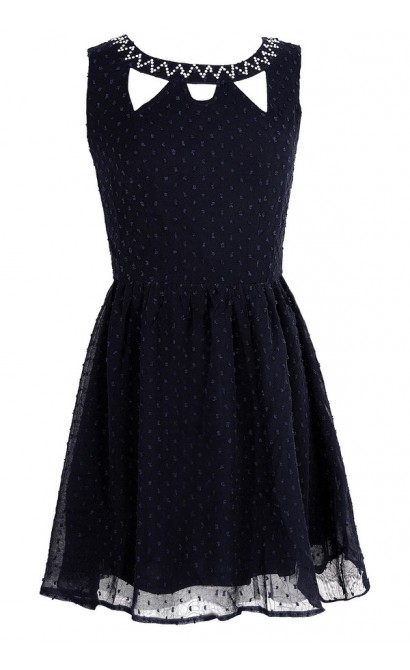 Cute Navy Pearl Embellished Dress, Navy Pearl Bridesmaid Dress, Pearl ...