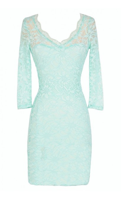 Open Back Fitted Lace Dress With Three Quarter Sleeves in Mint