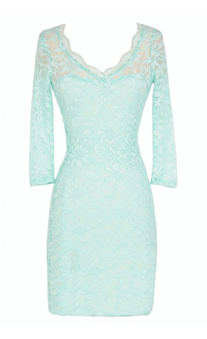 Open Back Fitted Lace Dress With Three Quarter Sleeves in Mint