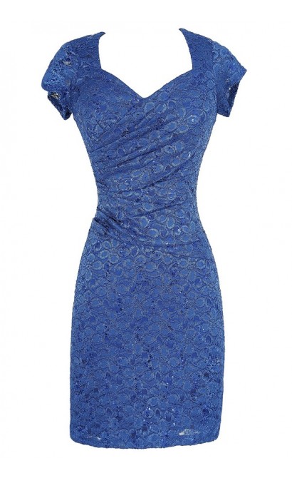 Gathered Sequin and Lace Capsleeve Pencil Dress in Royal Blue