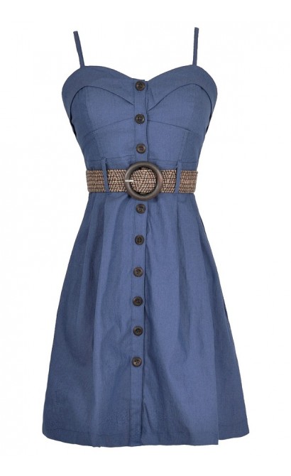 Button Down Delight Belted Dress in Blue