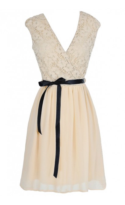 Faithfully Yours Lace and Chiffon Sash Dress in Cream/Black