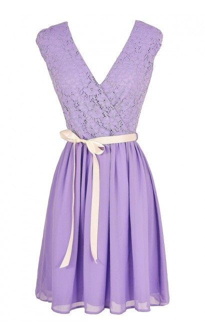 Faithfully Yours Lace and Chiffon Sash Dress in Lavender/Ivory