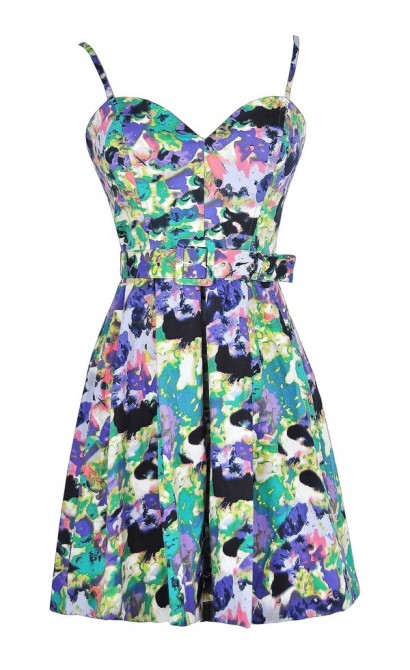 Watercolor Blooms Belted Designer Dress