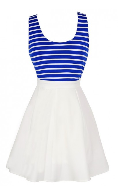 Cute Blue and White Striped Dress, Colorblock Blue and White Skater ...