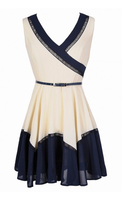 Colorblock Fun Belted Dress in Ivory/Navy