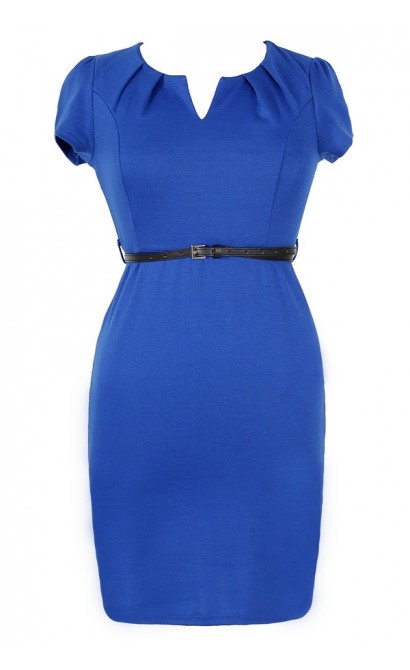 Posh and Professional Belted Pencil Dress in Blue - Plus Size