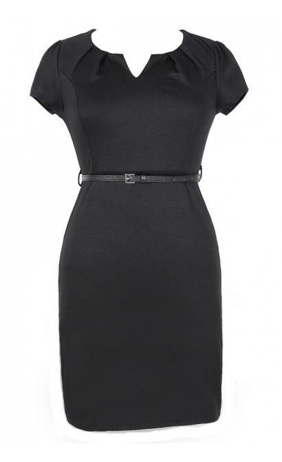 Posh and Professional Belted Pencil Dress in Black - Plus Size