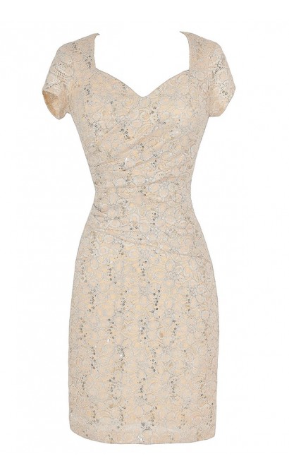 Gathered Sequin and Lace Capsleeve Pencil Dress in Ivory