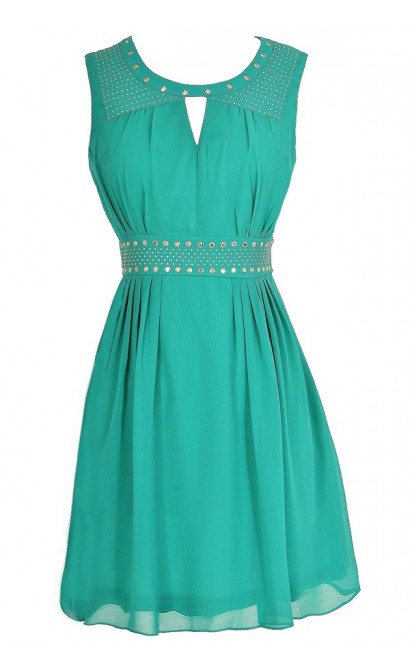 Gold Studded Chiffon Dress in Jade