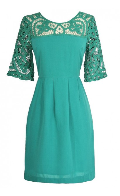 Something Extra Crochet Lace Neckline Dress in Jade