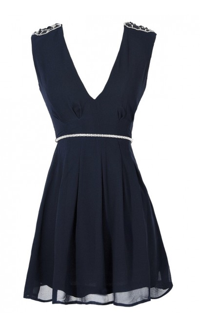 Belted Beaded Shoulder Chiffon Dress in Navy